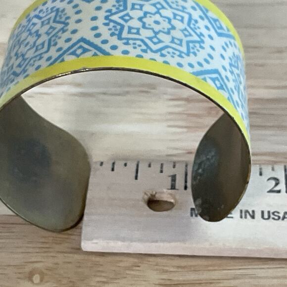 Vintage Brass Enamel Cuff Bracelet Blue Yellow Geometric Boho Modernist 1.5” - Picture 5 of 10